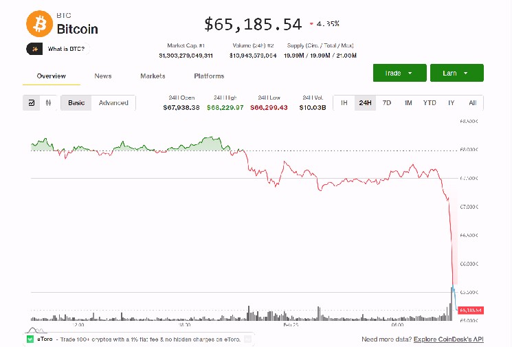 Bitcoin slides 5%, tumbling below $65,000 as whale selling grows and recent buyers lock in losses